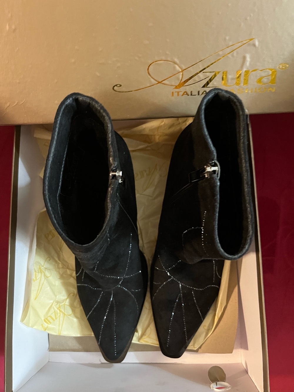 Azura Black Suede Pointed Ankle Booties with Studded Stitching